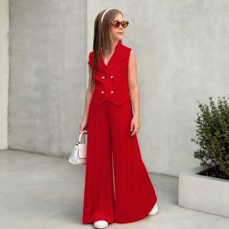 New Arrival Girls' Suit Set - Sleeveless Blouse + Wide Leg Pleated Pants Children's Outfit - BsBuy