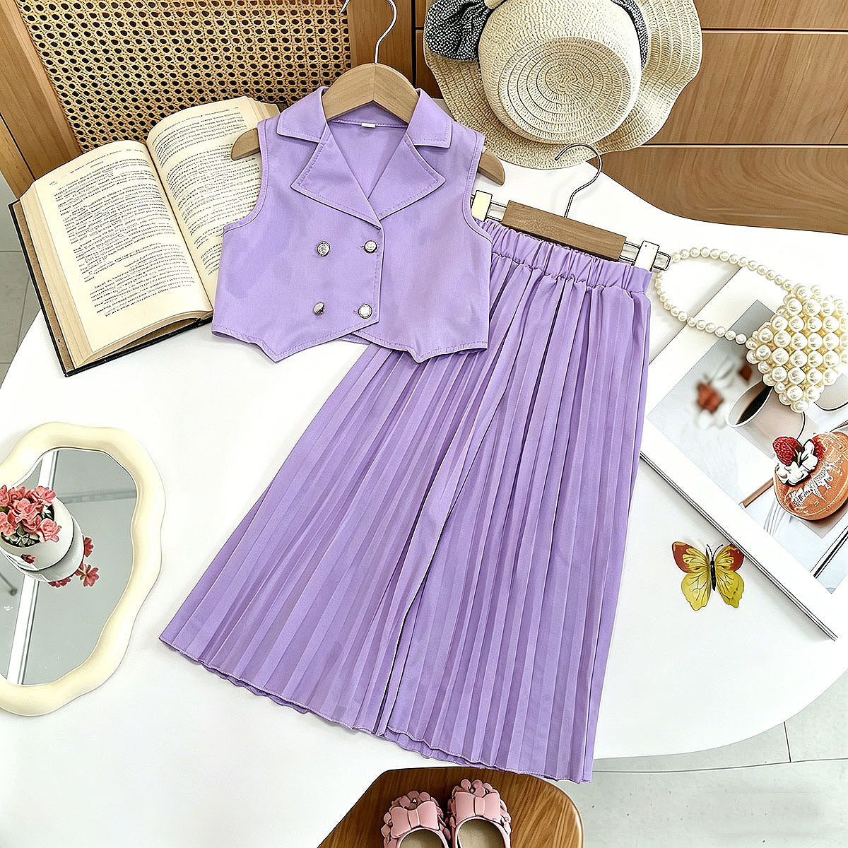 New Arrival Girls' Suit Set - Sleeveless Blouse + Wide Leg Pleated Pants Children's Outfit - BsBuy
