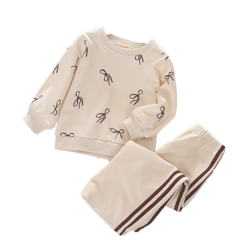 Girls' Spring and Autumn  New Two-Piece Set with Bow Print Long Sleeve Hooded Sweatshirt and Long Pants Casual Outfit - BsBuy