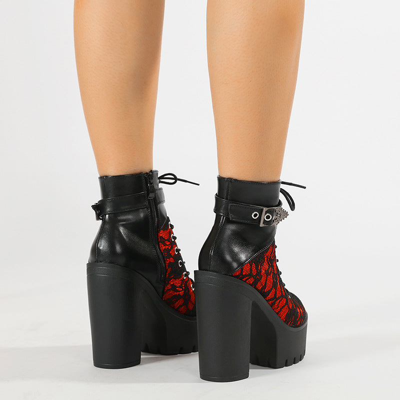 BsBuy Vintage Lace Platform Ankle Boots | Gothic Buckle | Thick High Heel | EU 35–42