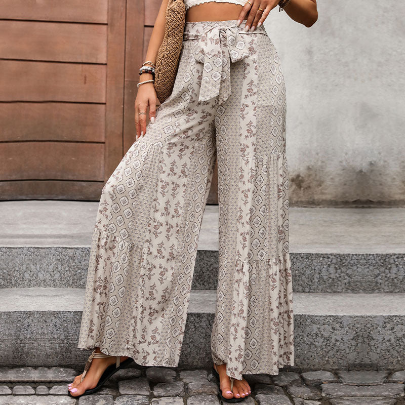 Womens Retro Floral Print Wide Leg Pants with Tie Waist