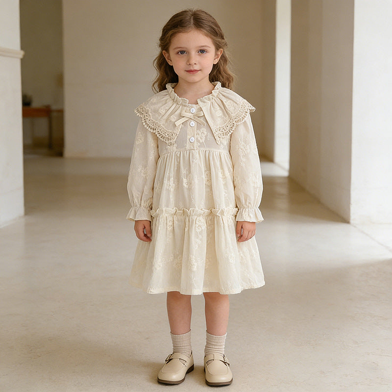 Girls' Dress Spring Autumn New French Lace Trim Large Turn-Down Collar Long Sleeve Princess Dress Children's Clothing - BsBuy
