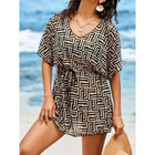 Geometric print V-neck waist cinching drawstring swimsuit - BsBuy