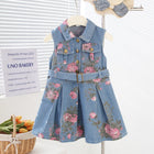 Girls' Sleeveless Denim Dress with Floral Print, High-Waisted Turn-Down Collar, Lightweight Backless Dress, Fashion Style - BsBuy