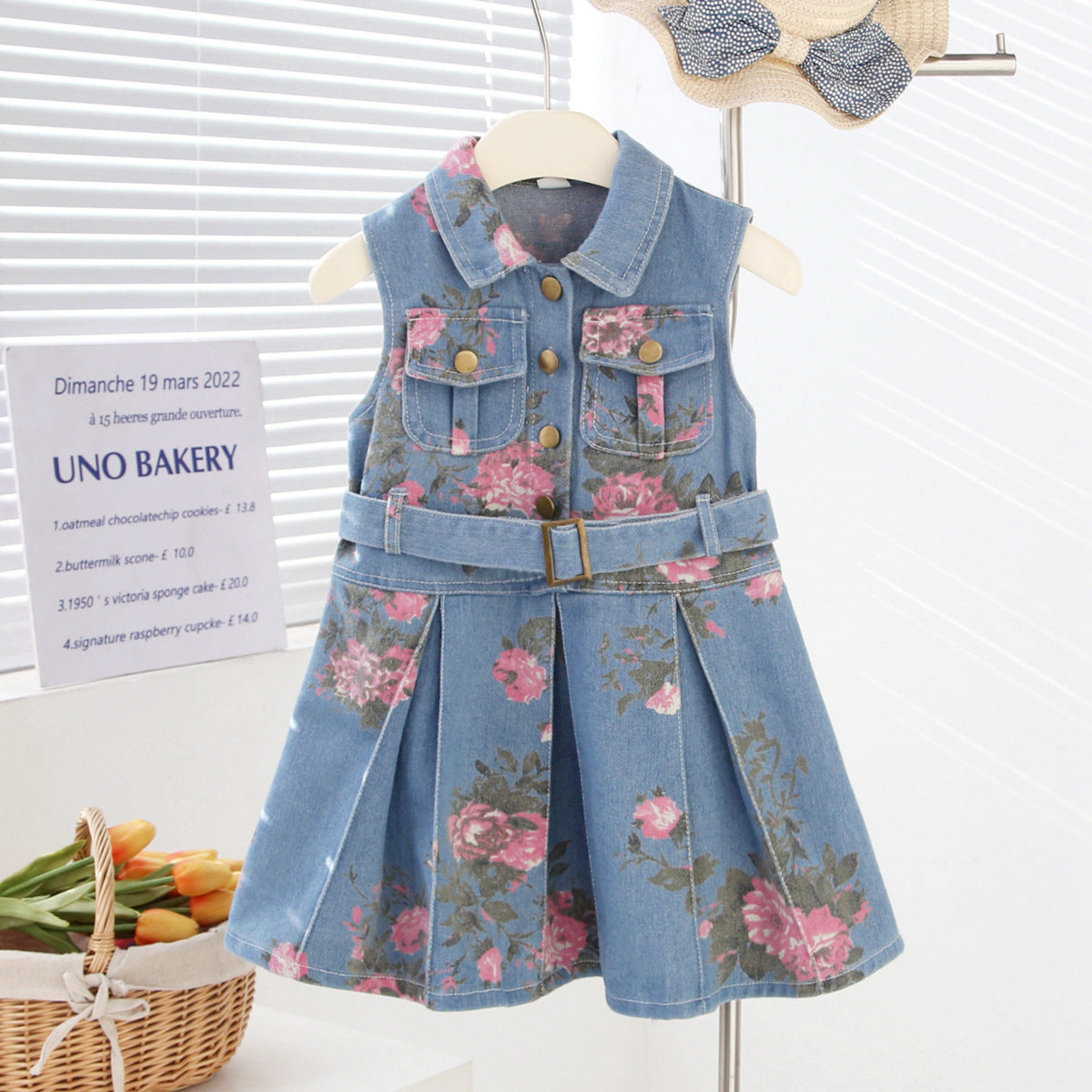 Girls' Sleeveless Denim Dress with Floral Print, High-Waisted Turn-Down Collar, Lightweight Backless Dress, Fashion Style - BsBuy