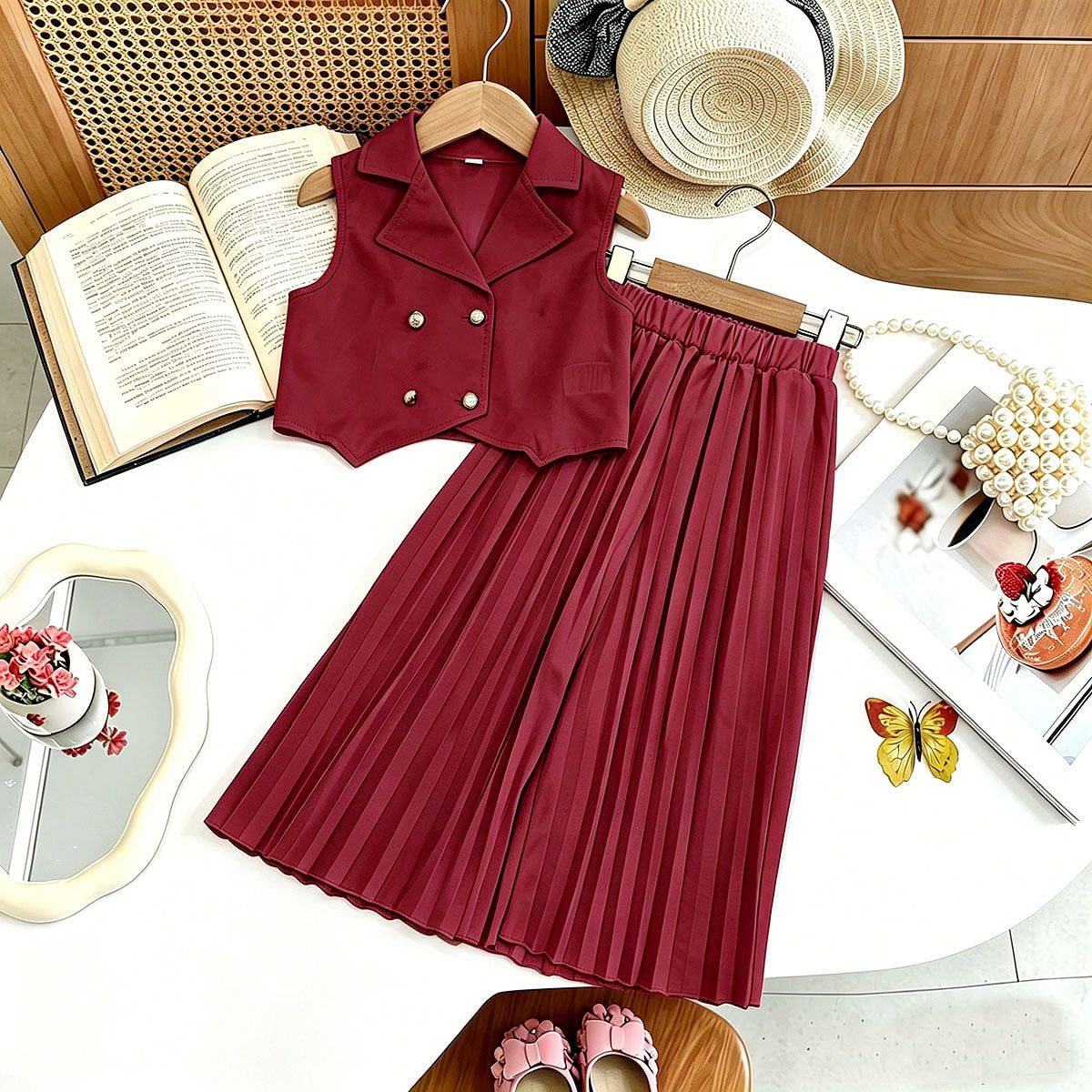 New Arrival Girls' Suit Set - Sleeveless Blouse + Wide Leg Pleated Pants Children's Outfit - BsBuy