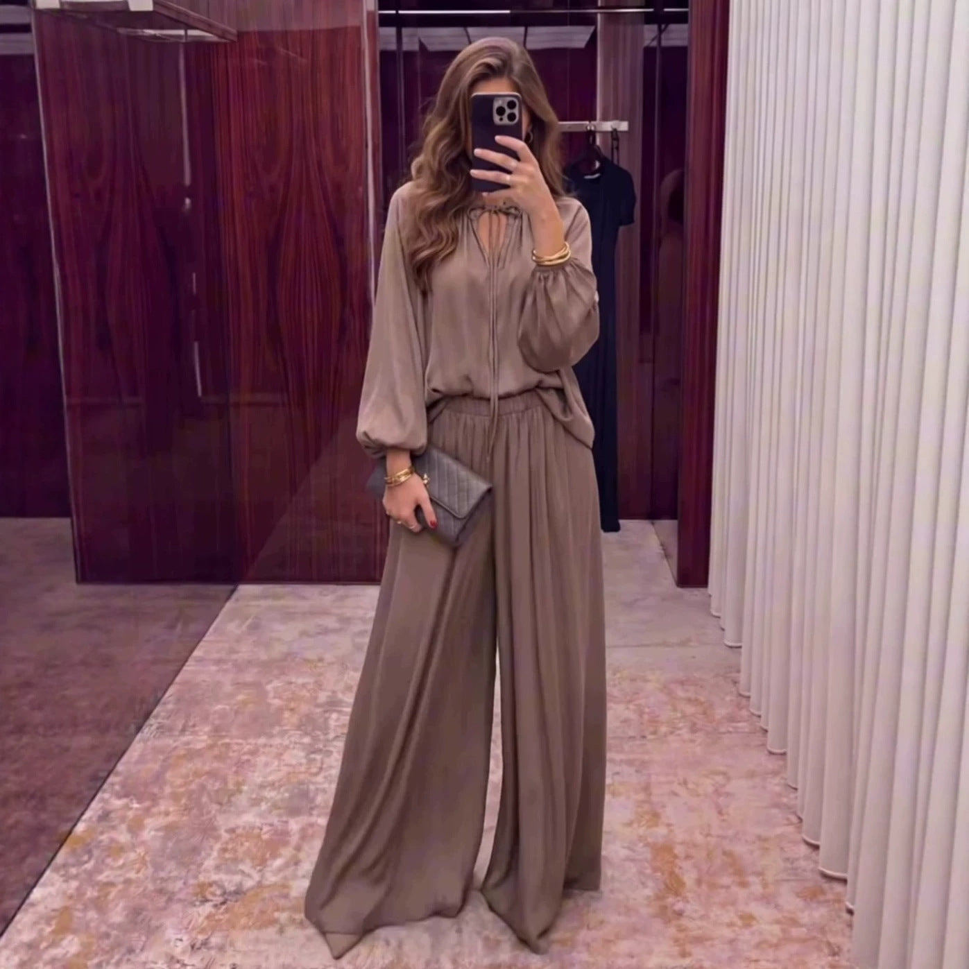 Women's Solid Colour V-Neck Lace-Up Top & Loose Trousers Set | Relaxed Fit | S–XXL