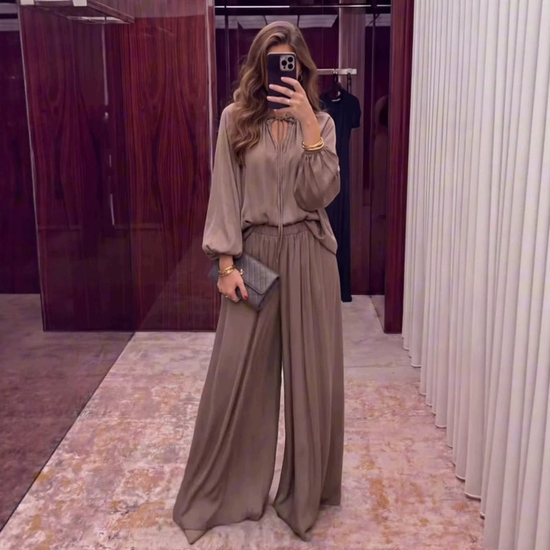 Women's Solid Colour V-Neck Lace-Up Top & Loose Trousers Set | Relaxed Fit | S–XXL