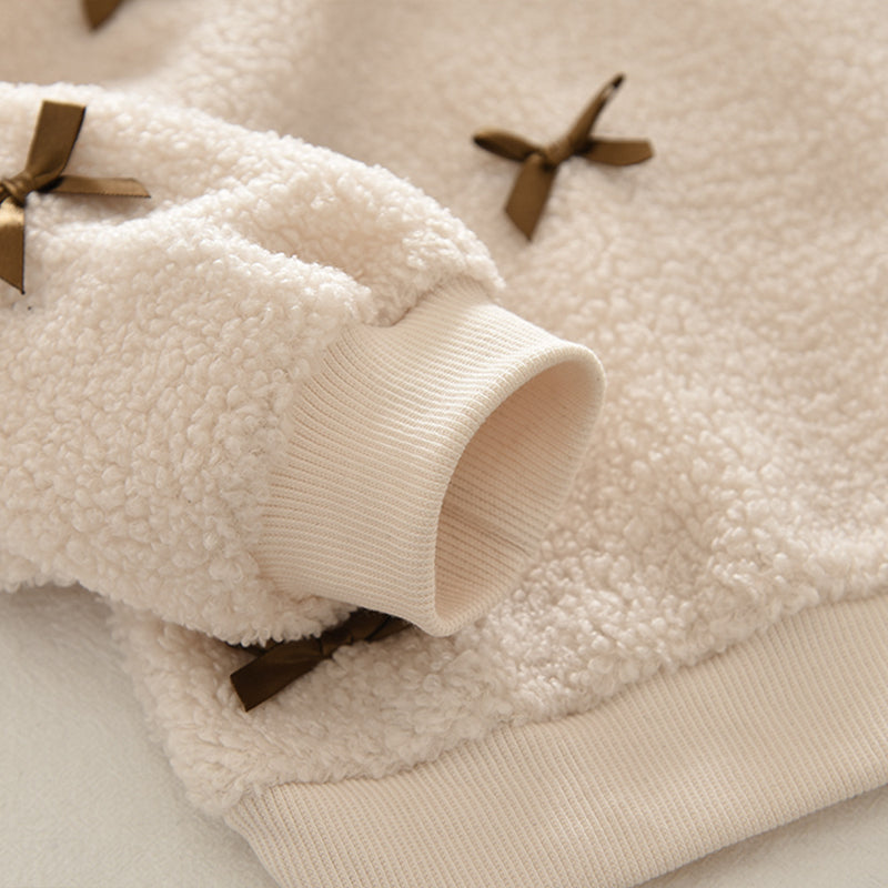 Child Girls Autumn Winter Set Dress with Bow, Beige Teddy Fleece Long Sleeve Top and Khaki Short Skirt Simple Two-Piece Set - BsBuy