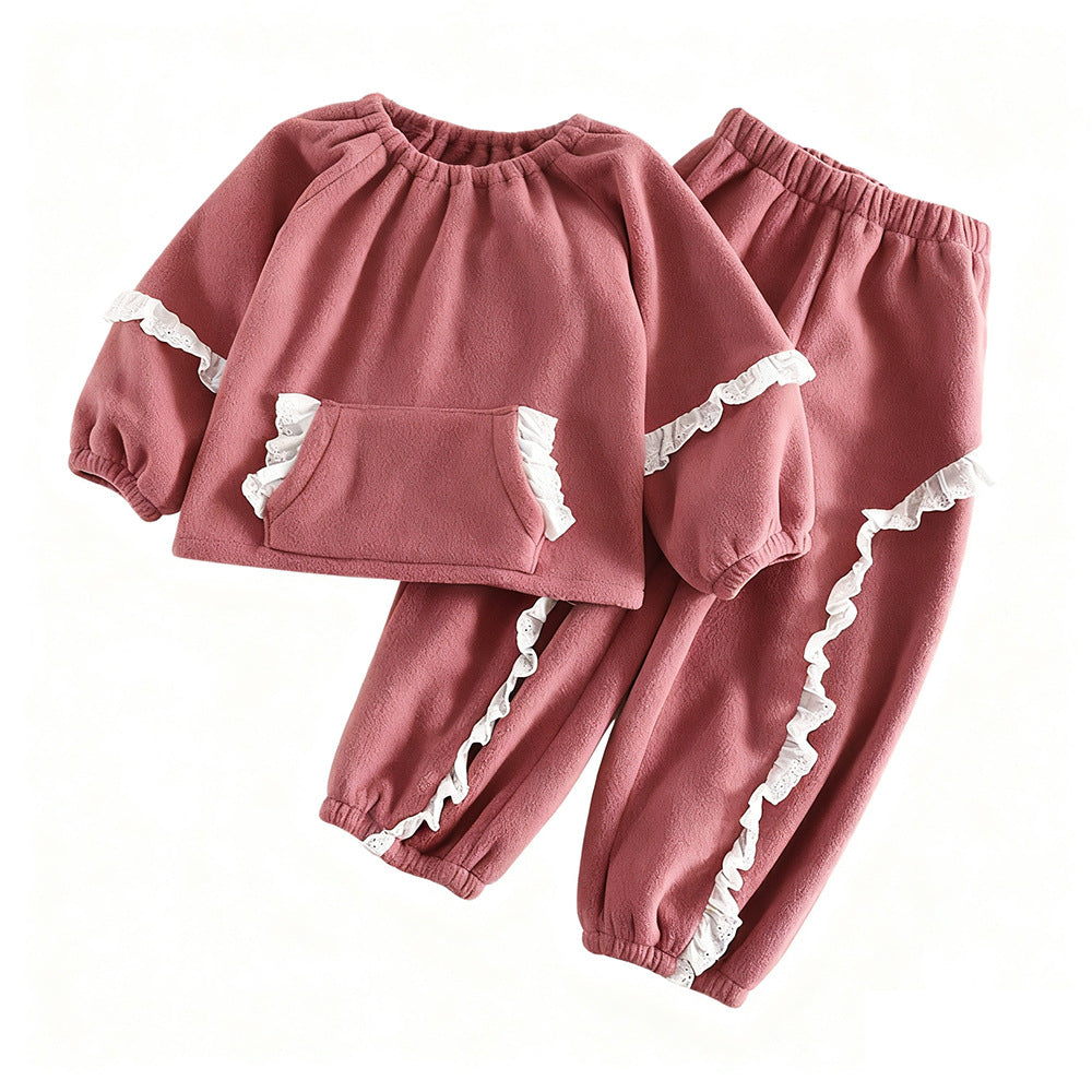 Cute Floral Trim Lantern Sleeve Top and Long Pants Fleece Set for GirlsTwo-Piece Outfit - BsBuy