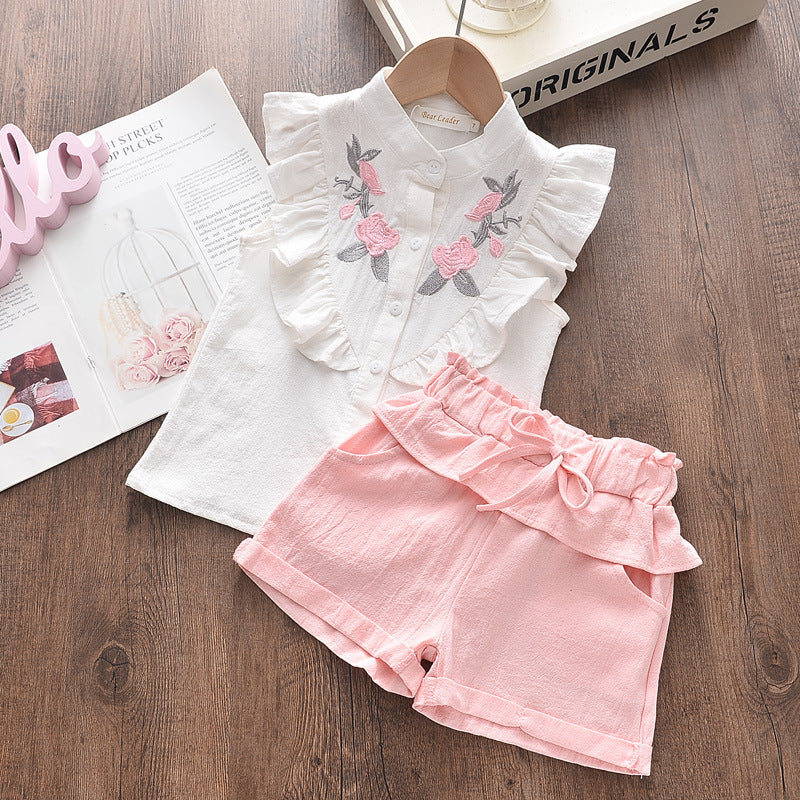 Girls Floral Embroidered Sleeveless Top & Shorts Set – Summer Two-Piece Outfit - BsBuy