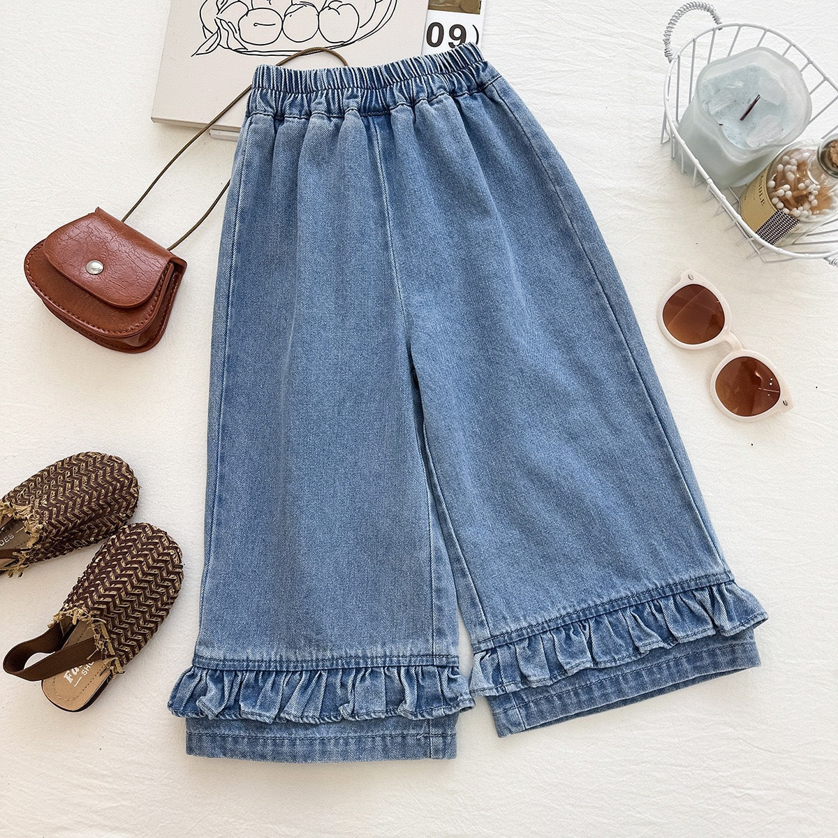 Girls' Denim Set Summer New Style Daisy Polka Dot Tulle Denim Vest and Wide Leg Pants Two-Piece Set - BsBuy