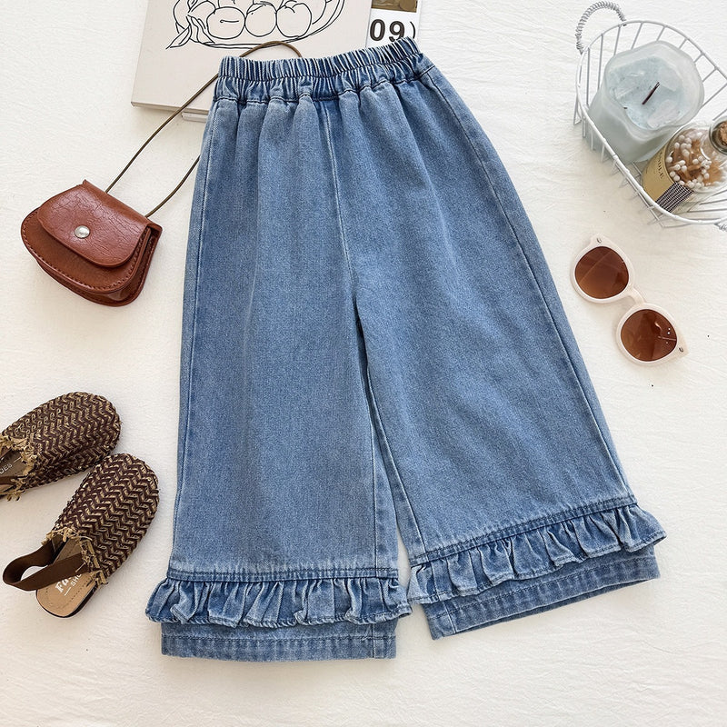 Girls' Denim Set Summer New Style Daisy Polka Dot Tulle Denim Vest and Wide Leg Pants Two-Piece Set - BsBuy