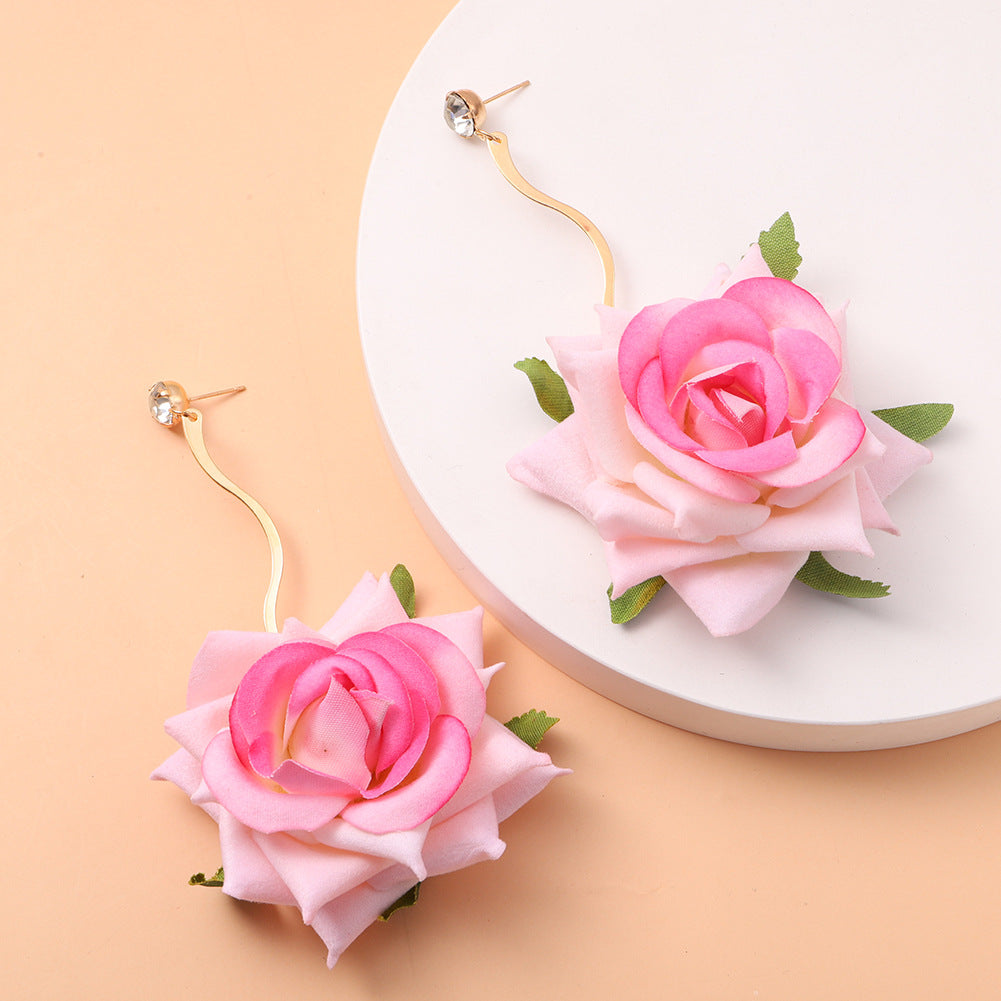 3D Rose Drop Earrings — Handmade Fabric Floral Bridal & Bohemian Ear Jewellery - BsBuy