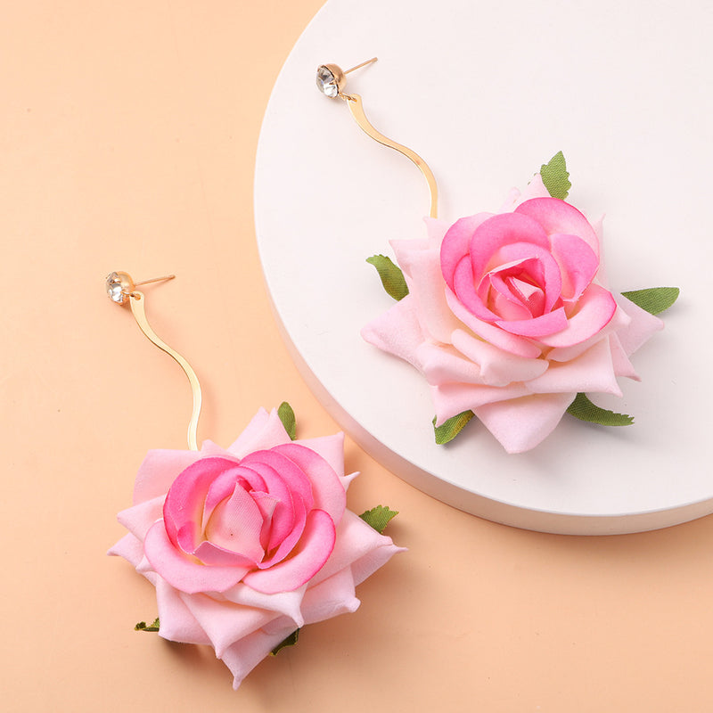 3D Rose Drop Earrings — Handmade Fabric Floral Bridal & Bohemian Ear Jewellery - BsBuy