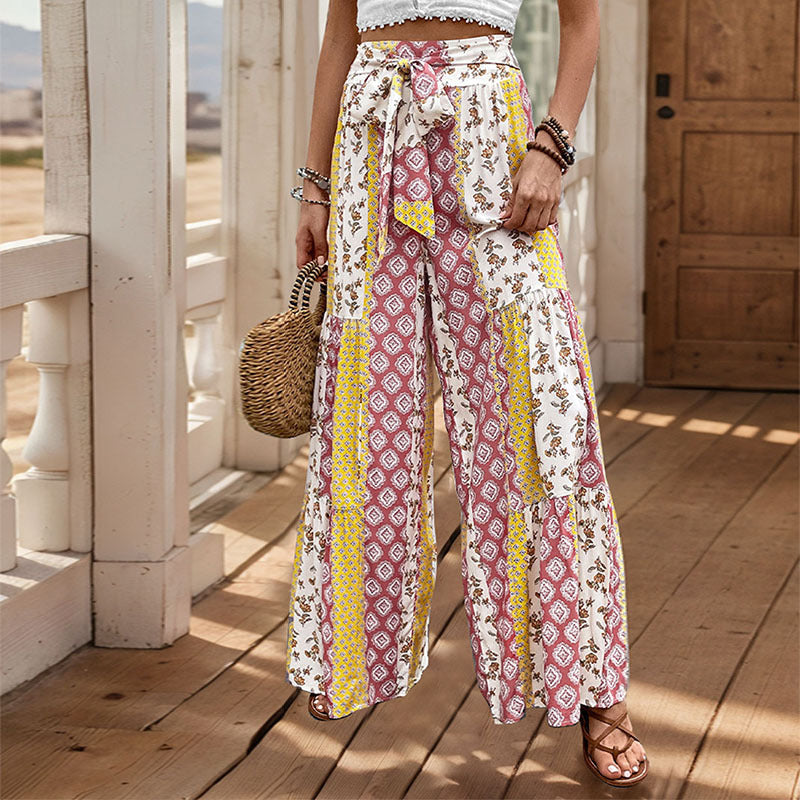 Womens Retro Floral Print Wide Leg Pants with Tie Waist