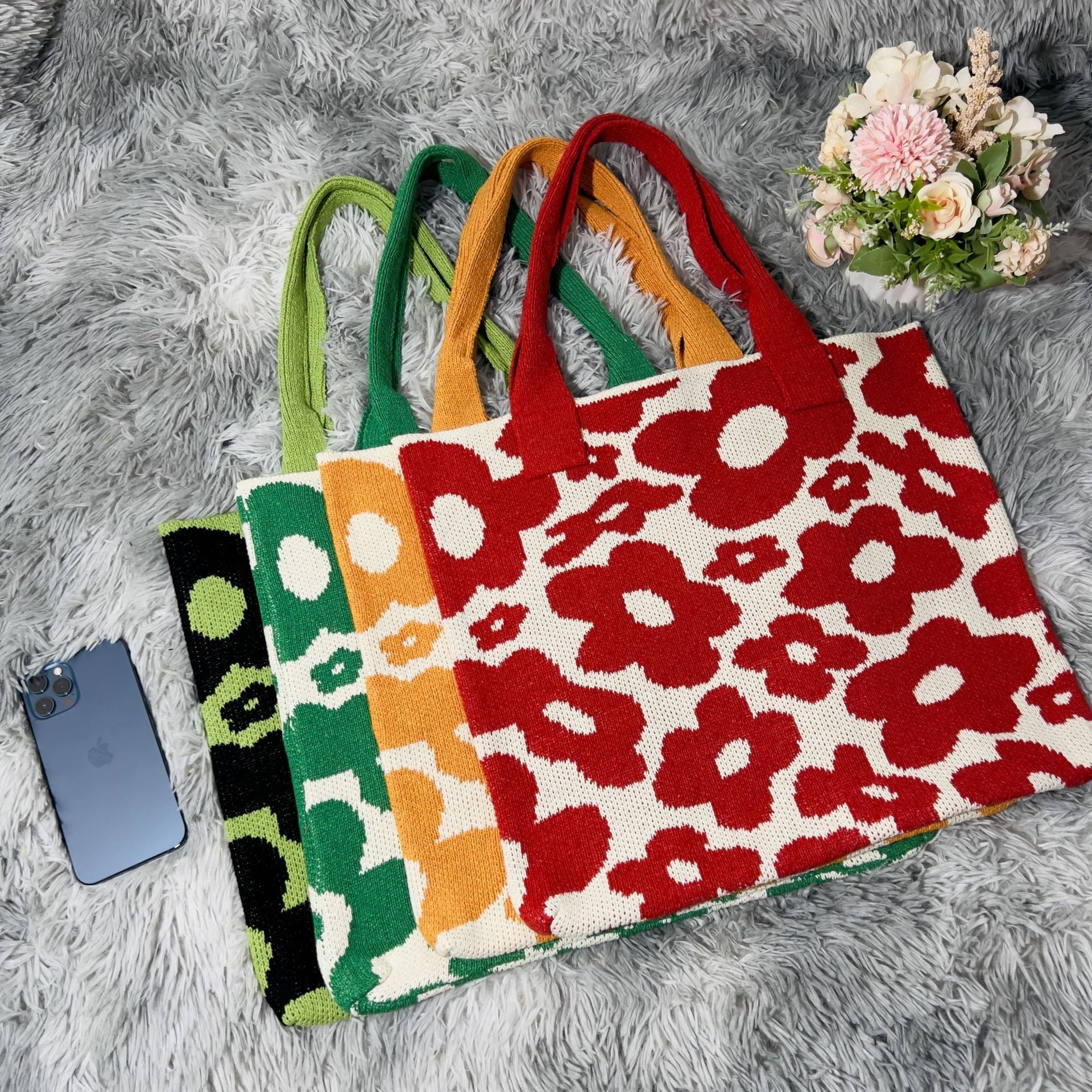 New Flower Bag Knitted Bag Large Capacity Tote Bag Student Shoulder Bag Woolen Bag Trendy Girl - BsBuy