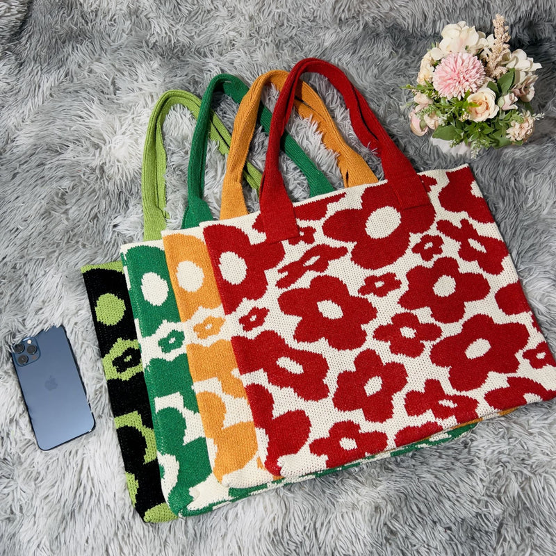 New Flower Bag Knitted Bag Large Capacity Tote Bag Student Shoulder Bag Woolen Bag Trendy Girl - BsBuy
