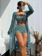 Checkered printed split long sleeved three piece swimsuit - BsBuy