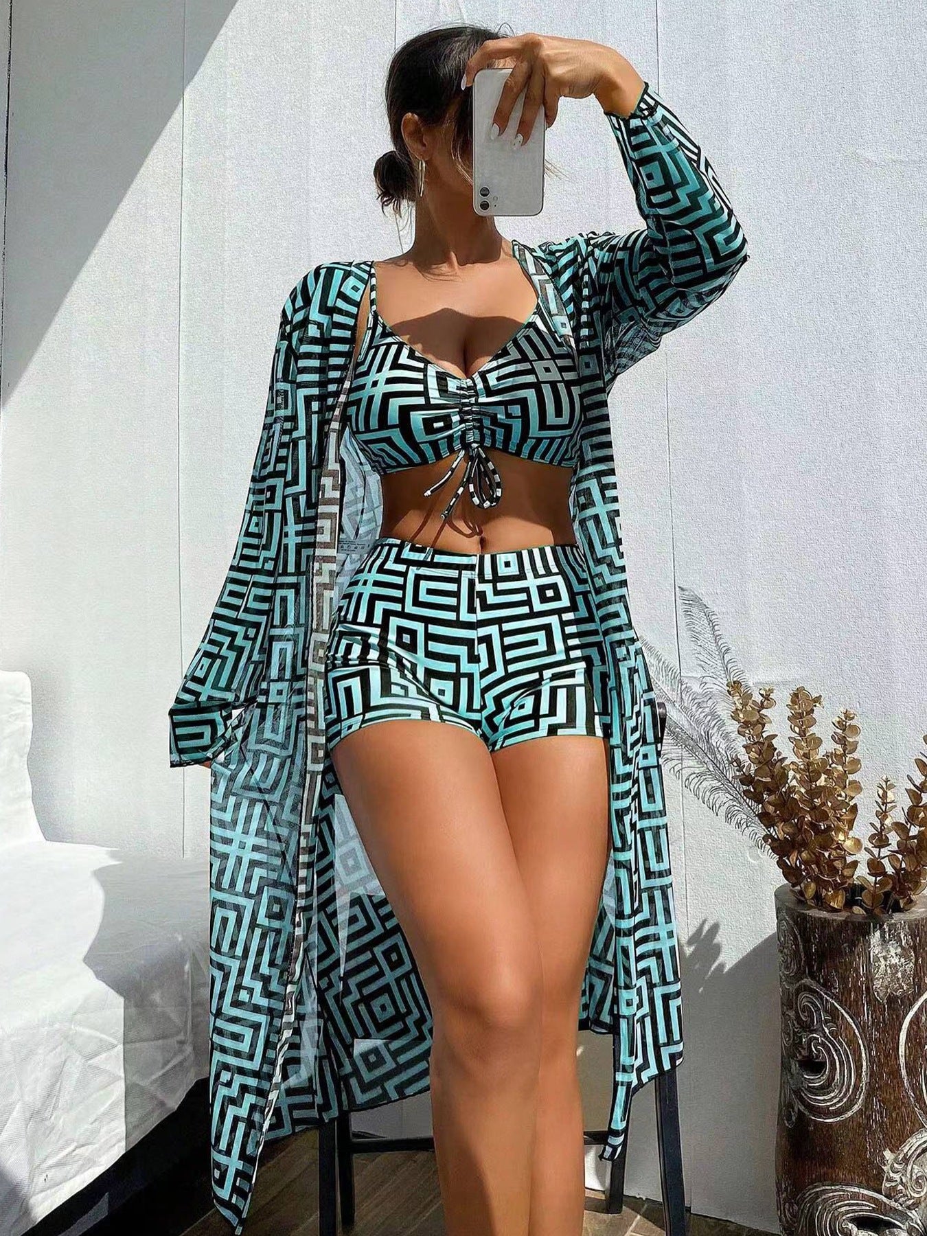 Checkered printed split long sleeved three piece swimsuit - BsBuy