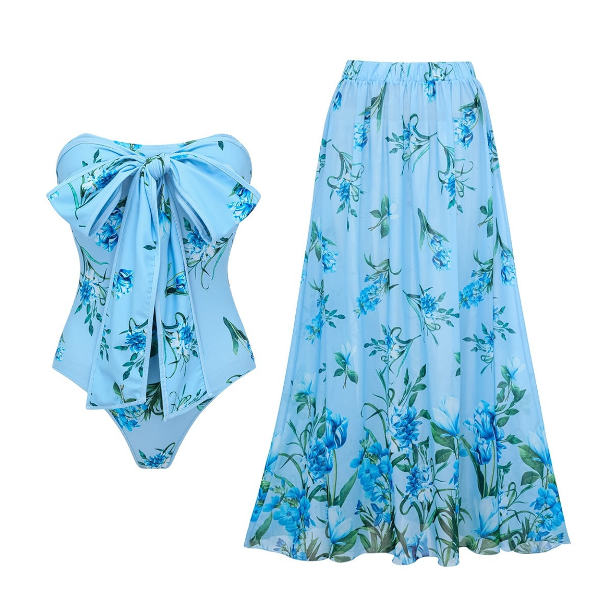 Cute Floral Print Butterfly Knot One-Piece Swimsuit Set for Women - BsBuy