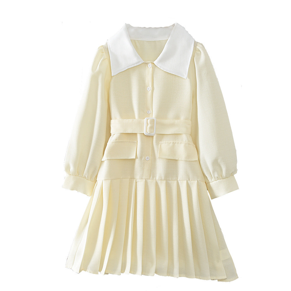Simple Long Sleeve White Collar Pleated Dress with Belt for Girls ndashA-Line Dress - BsBuy