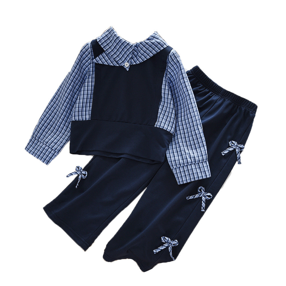 Girls' Sporty Two-Piece Set with Long Sleeve Mock Two-Piece Top and Bow Pants - BsBuy