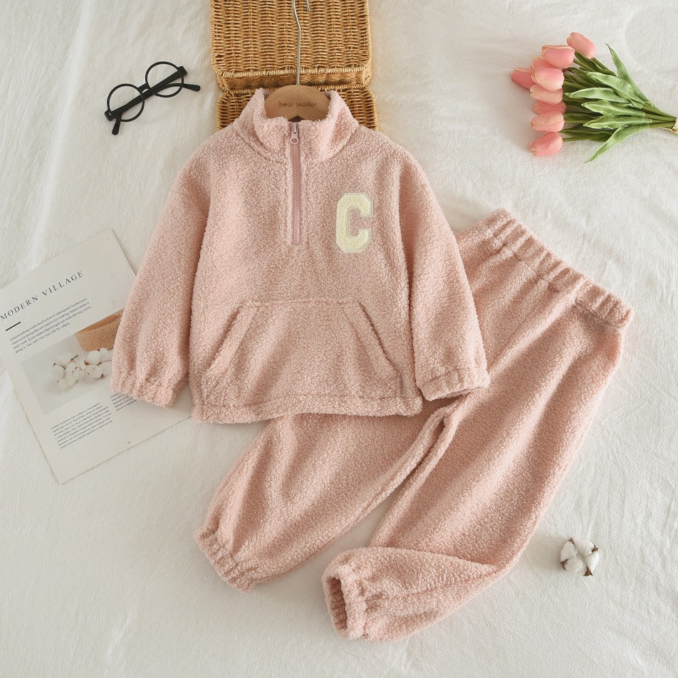 Fall Winter  Girls' Simple Letter Fleece High Neck Coat and Long Pants Two-Piece Set - BsBuy