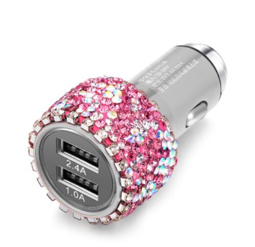 USB Car Charger For Mobile Phone Tablet GPS Fast Charger Car-Charger Dual USB Car Phone Charger Data Line Wire in Car Ornaments - pink charger