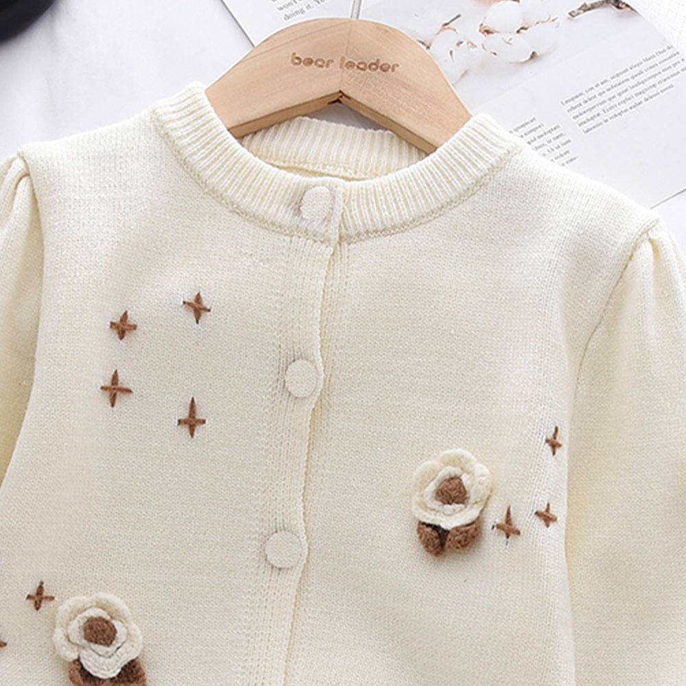 Cute Girl Knit Sweater Set with 3D Flower Round Neck Cardigan and Short Skirt, Two-Piece Outfit for Autumn and Winter - BsBuy