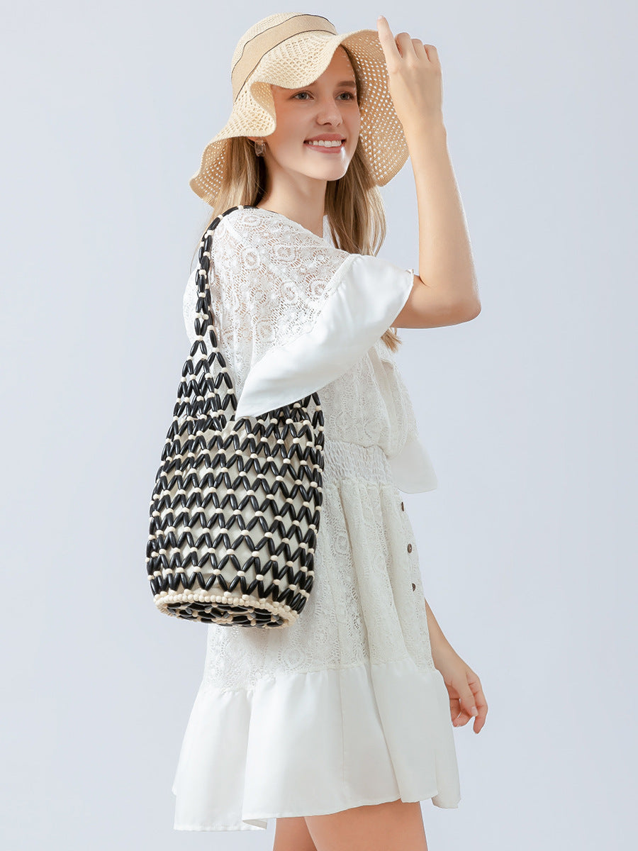 Women's Woven Bucket Bag – Hollow Wooden Bead Shoulder Bag - BsBuy