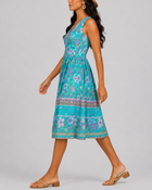 Women's Fashion Ethnic Style Blue Printed V-Neck Open Front Sleeveless Dress - BsBuy
