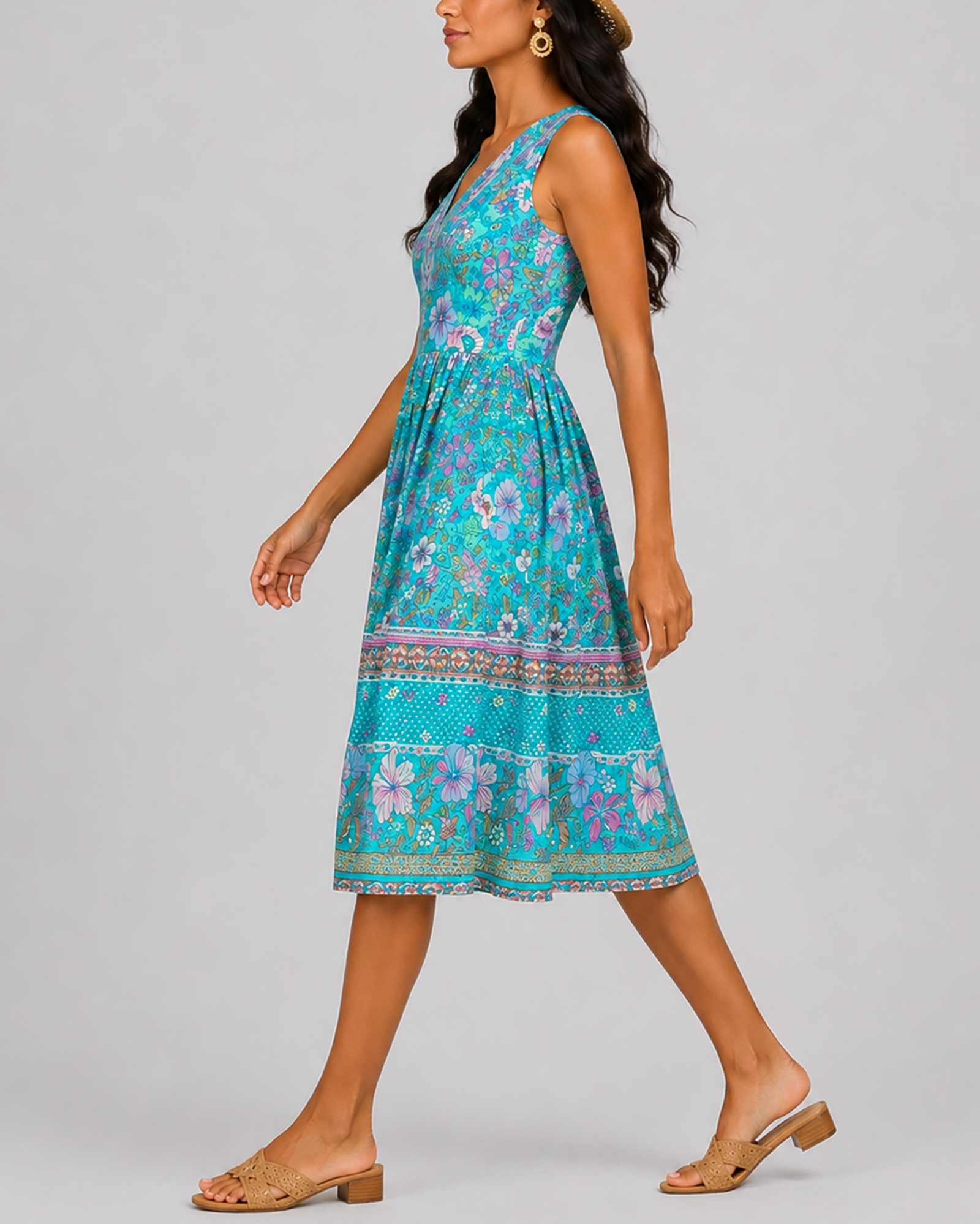 Women's Fashion Ethnic Style Blue Printed V-Neck Open Front Sleeveless Dress - BsBuy