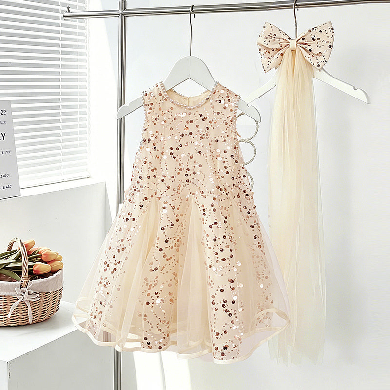 Chic Kids Dress with Rhinestones, Sleeveless Heart Neckline, A-Line, Party Dress for Girls, Includes Hair Clip - BsBuy