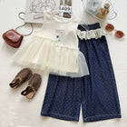 Summer Girls' Outfit Set  Letter Print Mesh Tank Top Polka Dot Wide Leg Pants Two-Piece Set - BsBuy