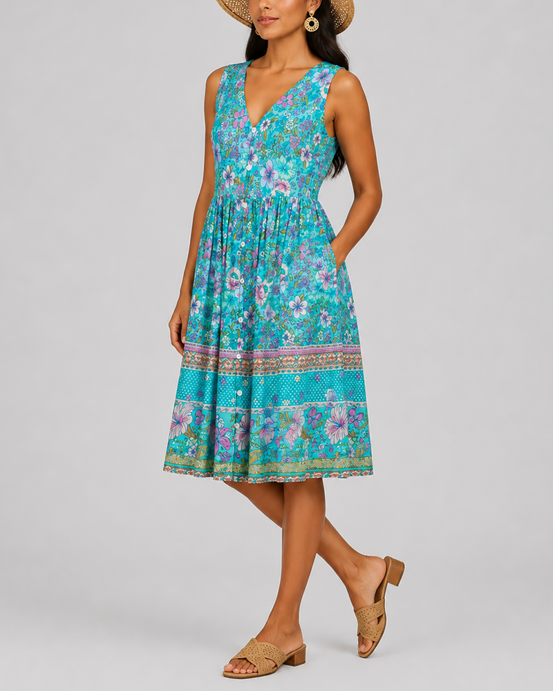 Women's Fashion Ethnic Style Blue Printed V-Neck Open Front Sleeveless Dress - BsBuy