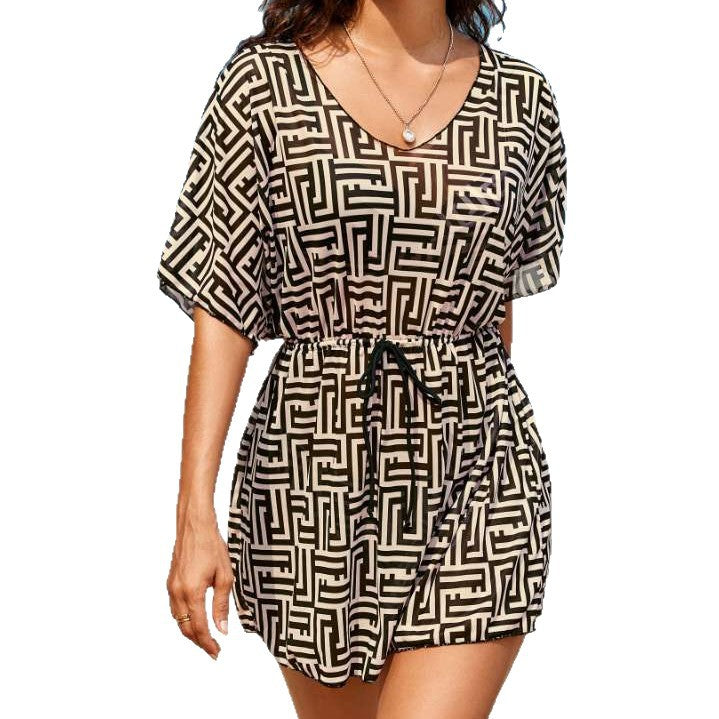 Geometric print V-neck waist cinching drawstring swimsuit - BsBuy