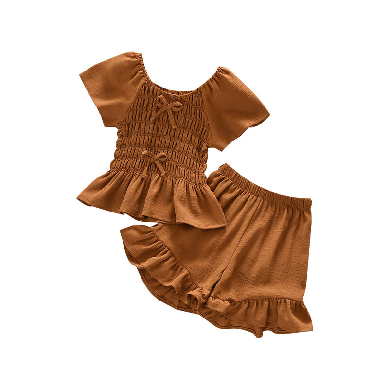 Summer Girls' Outfit Set with Bowknot Drawstring Short Sleeve Top and Shorts, Two-Piece Casual Kids Clothing - BsBuy