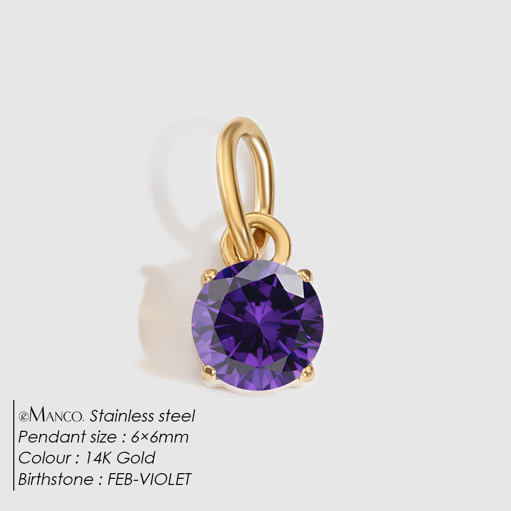Birthstone Zircon Necklace Pendant — Stainless Steel Round Charm | 12 Months | Gold & Steel - BsBuy