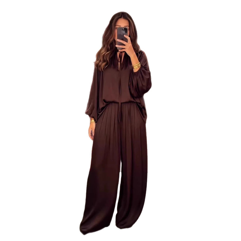 Women's Solid Colour V-Neck Lace-Up Top & Loose Trousers Set | Relaxed Fit | S–XXL