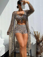 Checkered printed split long sleeved three piece swimsuit - BsBuy