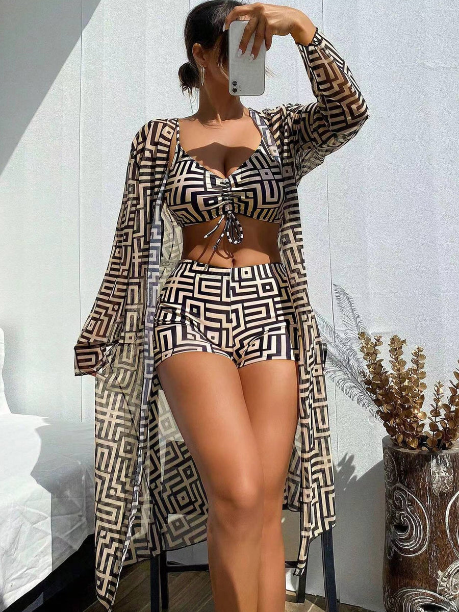 Checkered printed split long sleeved three piece swimsuit - BsBuy