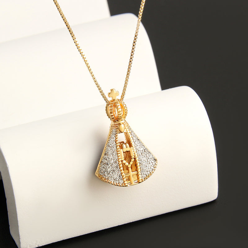 Double-Sided Madonna & Cross Necklace – Colourful Zircon Pendant on Adjustable Box Chain - BsBuy