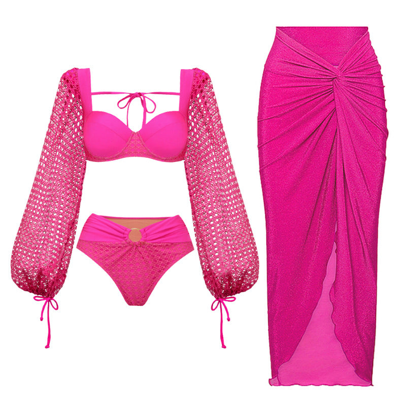 Long Sleeve Bone Pattern Back Cut-Out One-Piece Swimsuit for Women - BsBuy