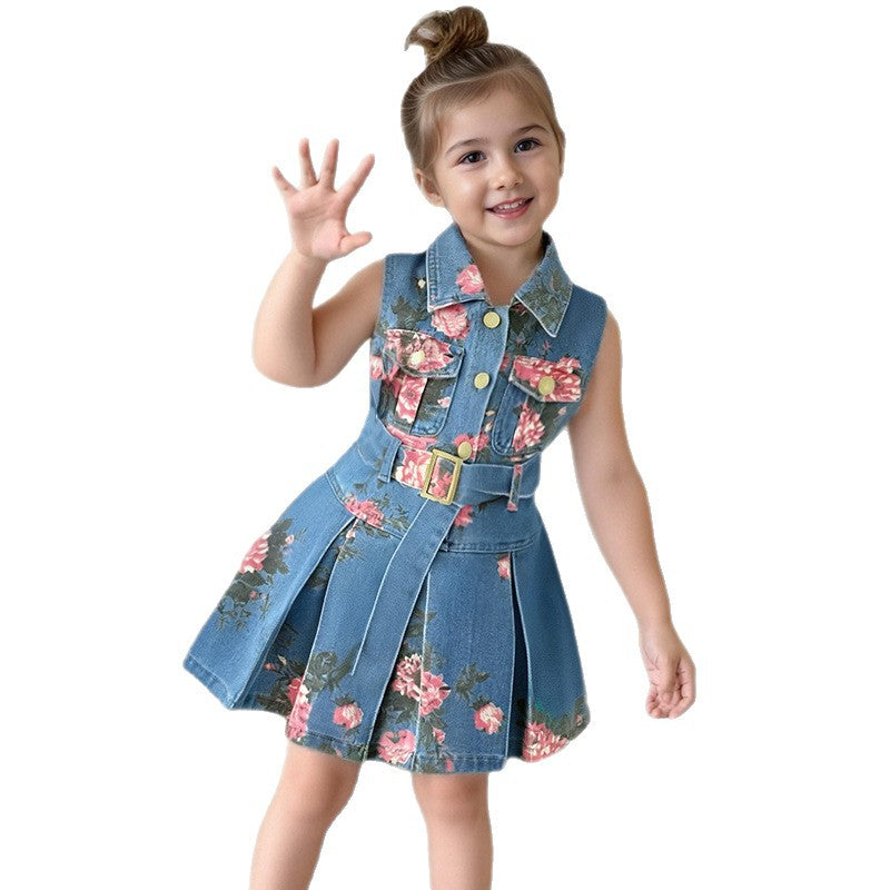 Girls' Sleeveless Denim Dress with Floral Print, High-Waisted Turn-Down Collar, Lightweight Backless Dress, Fashion Style - BsBuy