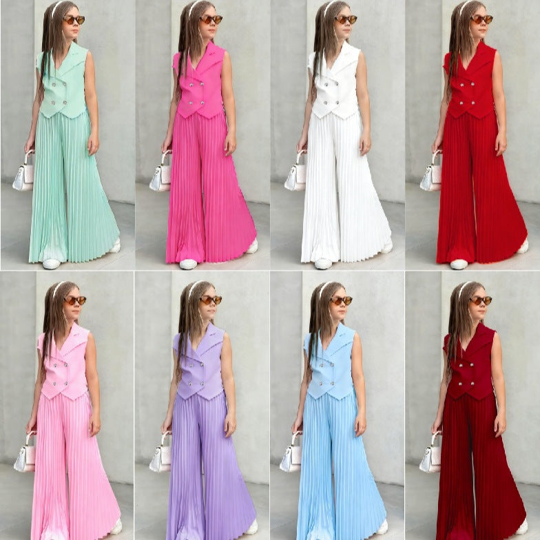 New Arrival Girls' Suit Set - Sleeveless Blouse + Wide Leg Pleated Pants Children's Outfit - BsBuy