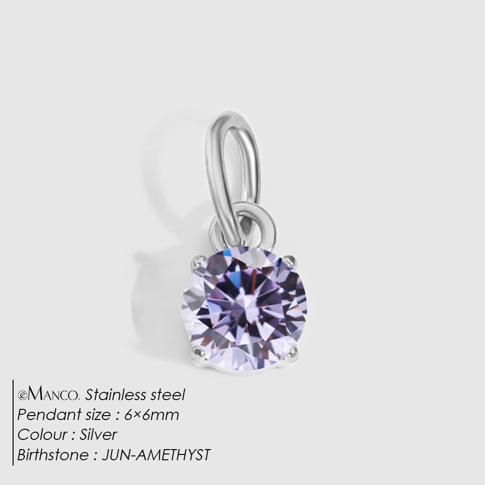 Birthstone Zircon Necklace Pendant — Stainless Steel Round Charm | 12 Months | Gold & Steel - BsBuy