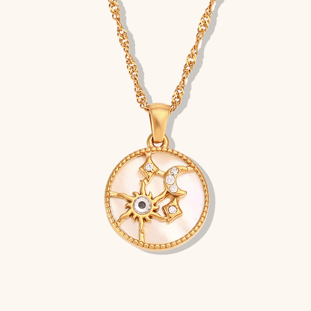 Celestial Sun Moon Stars Shell Pendant Necklace — Titanium Steel & Stainless Steel | Black & White - BsBuy
