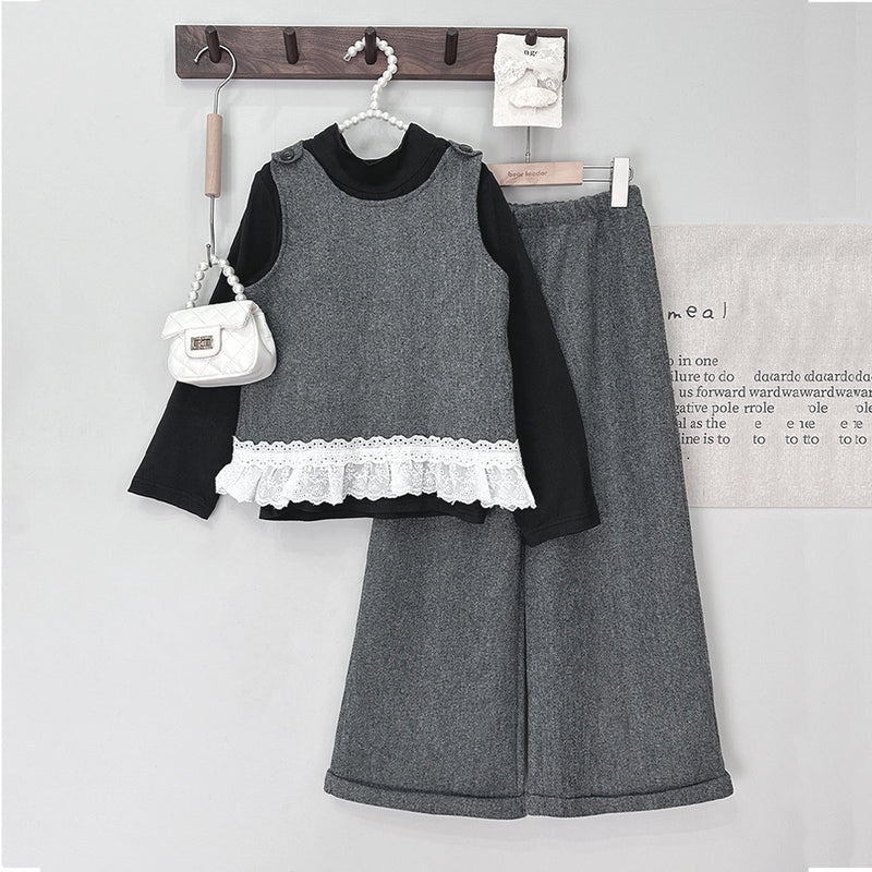 Chic Wool Vest Set for Girls - Long Sleeve Top  Autumn Fashion 3-Piece Outfit - BsBuy
