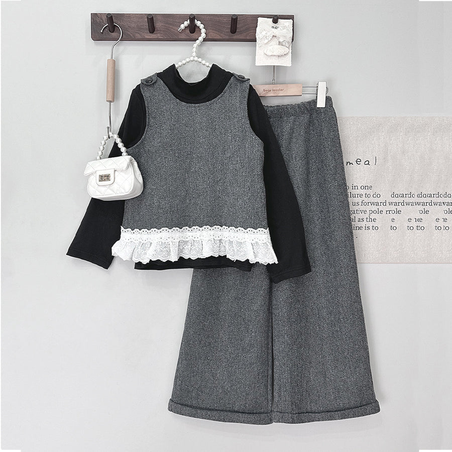 Chic Wool Vest Set for Girls - Long Sleeve Top  Autumn Fashion 3-Piece Outfit - BsBuy